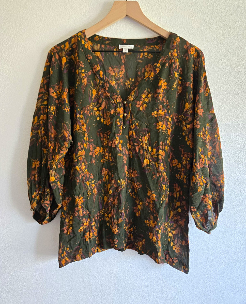 Garnet Hill Green Silk Floral 3/4 Sleeve Button Top Boho Cottage Peasant Size 6